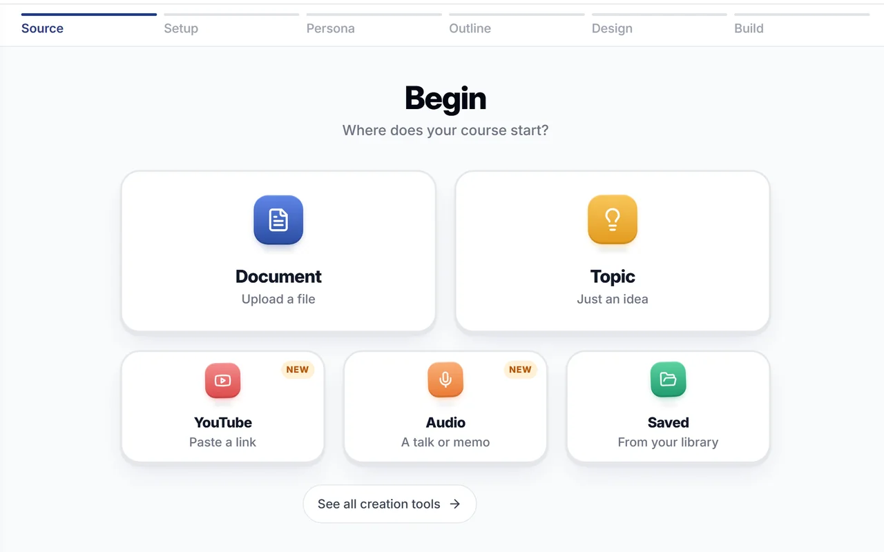 Starting a new course: the Begin screen, then Topic, with a course title typed in