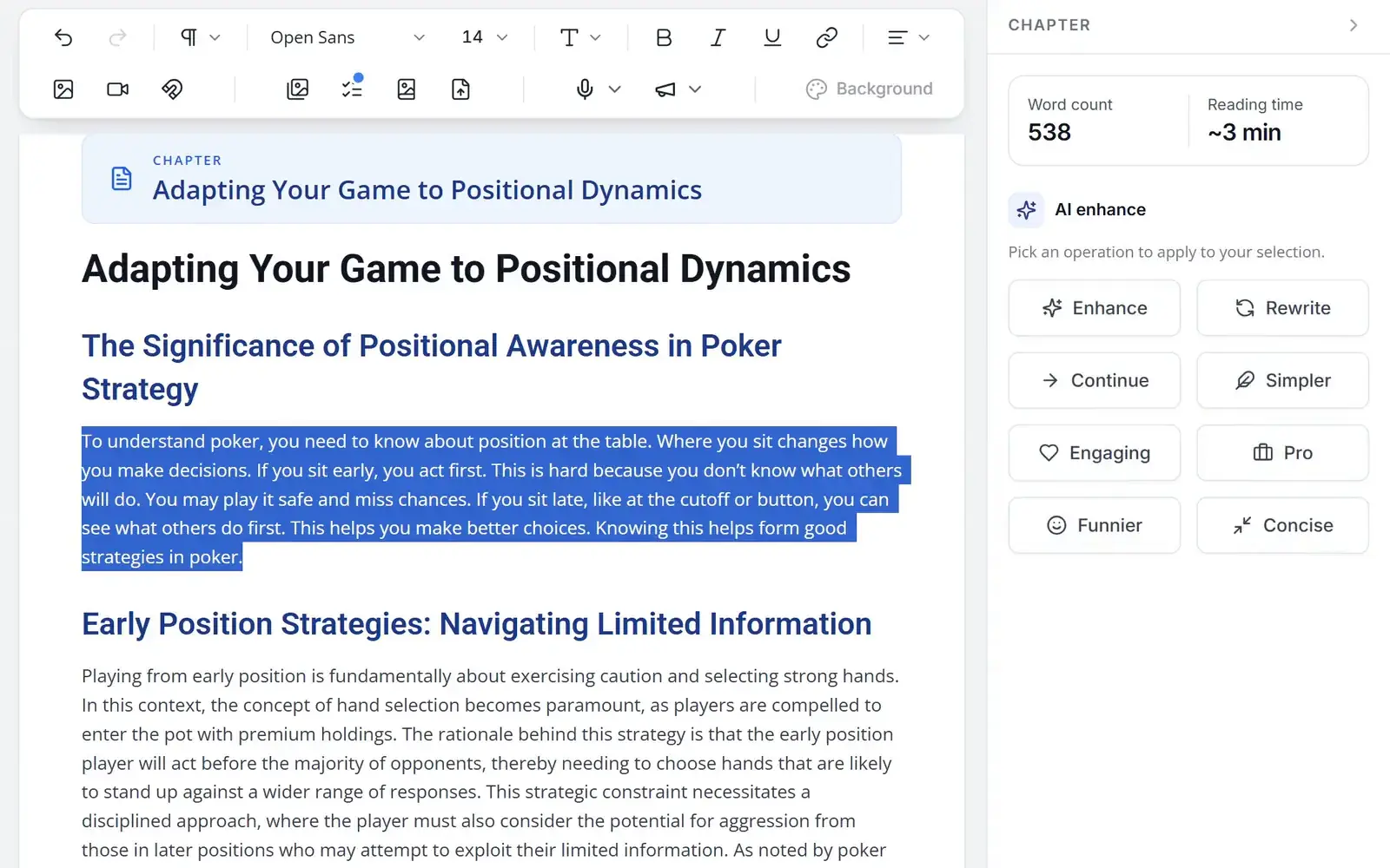 The lesson editor rewriting a selected paragraph in simpler language, with the AI enhance panel open
