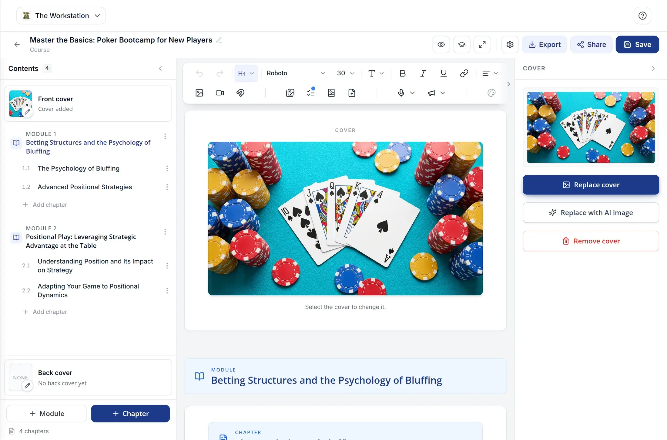 The course editor: the Contents panel listing the cover and two modules of chapters, and the course's poker cover on the page