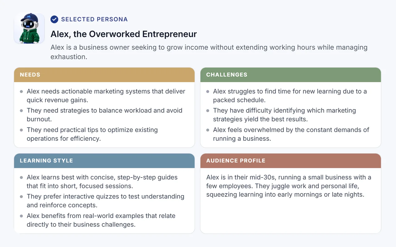 A learner persona built for a new course, with their needs, challenges, learning style and profile