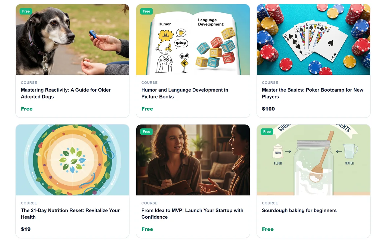 A published storefront showing six courses with their covers and prices