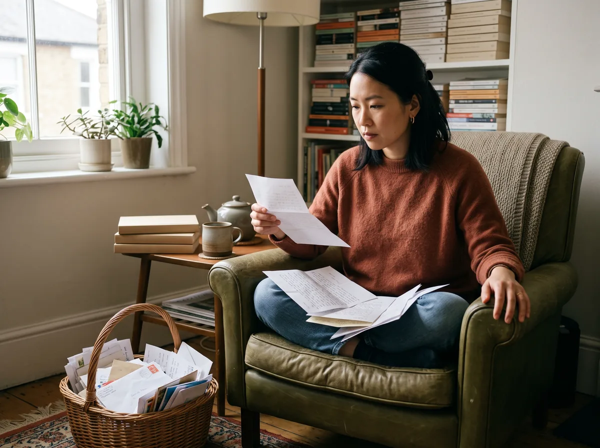 A woman in a rust knit jumper sits in a worn olive leather armchair reading a handwritten letter, more letters spread across her lap and a wicker basket of opened envelopes on the floor beside a bookshelf and a sunlit window.