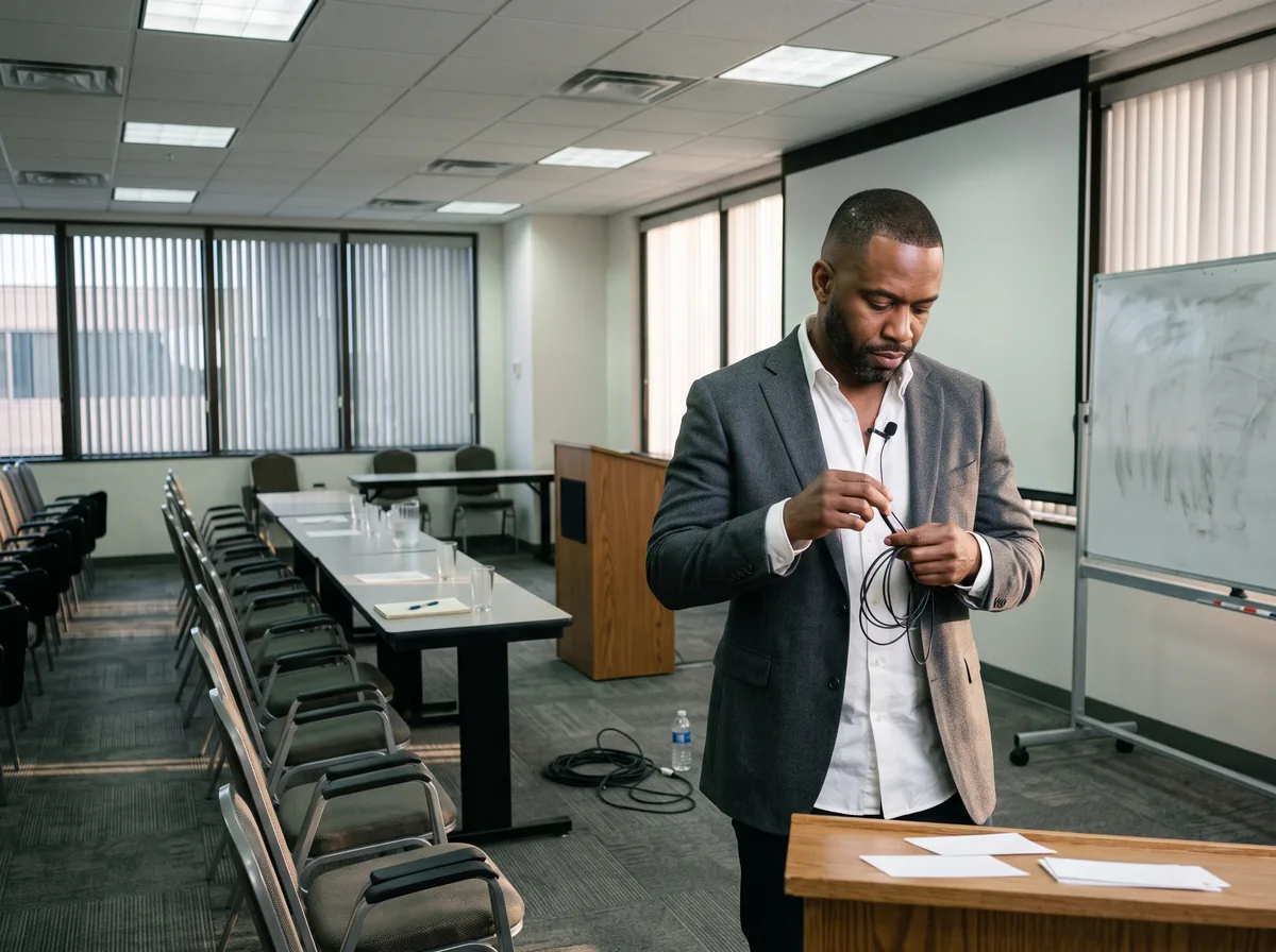 A man in a charcoal blazer and white shirt stands alone at the front of an empty training room, head down, winding a thin lapel microphone cable around his fingers beside a lectern and rows of vacated chairs.