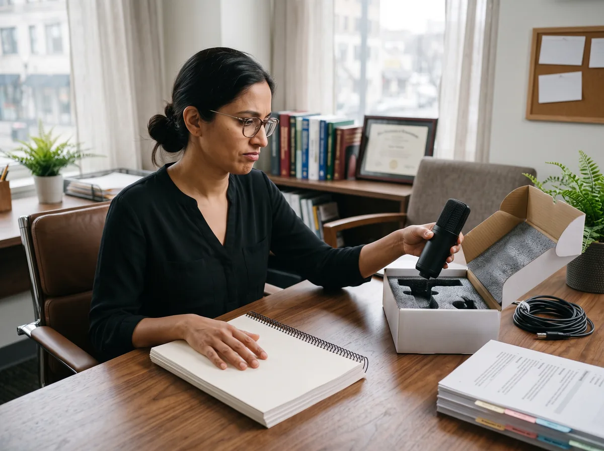 A woman in glasses sits at a walnut desk with one hand resting on a thick spiral-bound manuscript, lifting a black studio microphone out of its open foam-lined box, a coiled cable and a tabbed stack of pages nearby.
