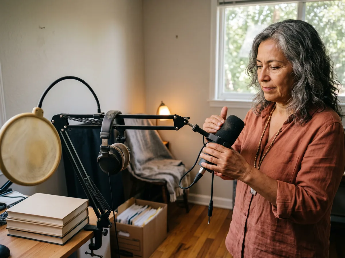 A woman with wavy grey hair in a terracotta linen shirt and beaded necklace wipes dust from a black studio microphone on a boom arm, its unplugged cable hanging loose beside dusty headphones and a pop filter in a sunlit home office corner.