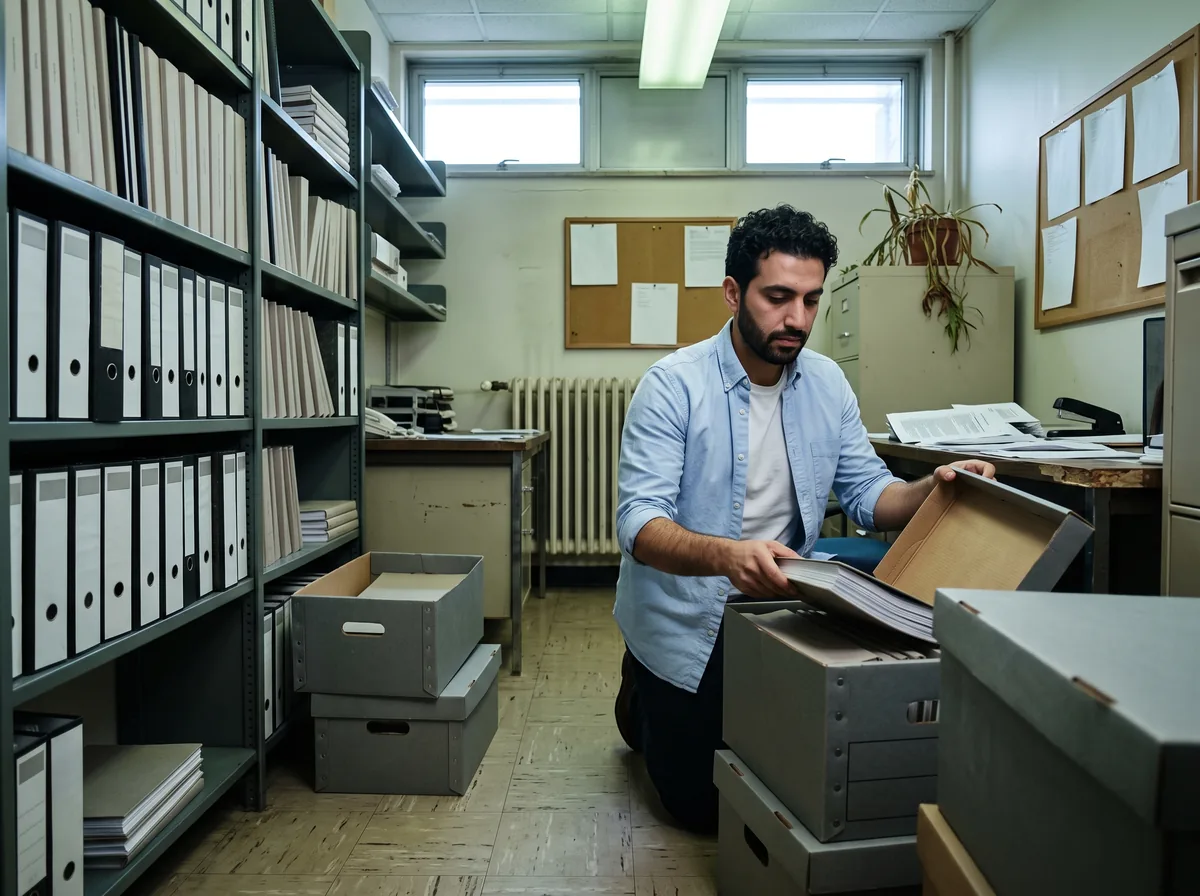 A man in a pale blue shirt kneels on the floor of a cramped research office, lifting a thick bound report out of a grey archive box, with metal shelves of identical plain binders filling the wall behind him.