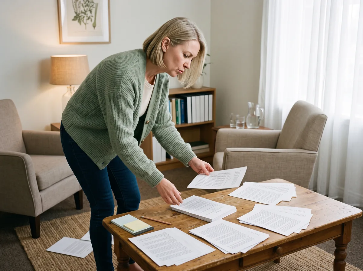 A woman in a sage cardigan leans over a low wooden table in a counselling room, placing a printed page into one of several separate piles of manuscript pages spread across the table between two armchairs.