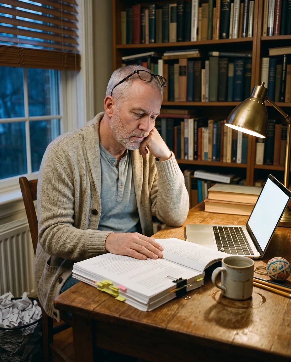 An older man with a grey beard sits slumped at a wooden desk in a book-lined study, one hand resting on a thick printed manuscript, a laptop showing a blank page and a cold mug of coffee beside him in lamplight.