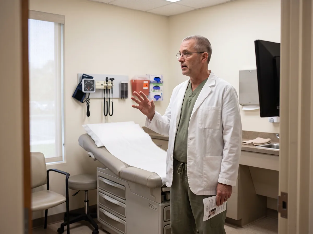 A nurse practitioner in a white clinical coat stands beside an exam table with one hand raised, talking through a step toward someone outside the frame