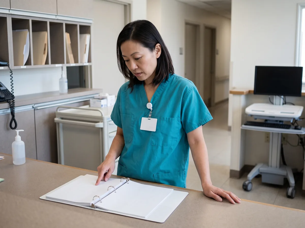 A nurse in teal scrubs leans on a nurses' station counter and points at a page in an open three-ring binder while explaining it to someone out of frame