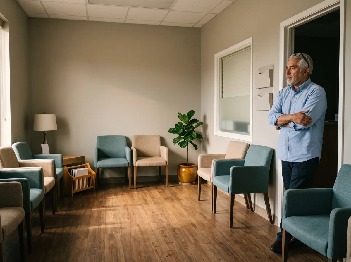 A silver-haired man in a blue oxford shirt stands with folded arms in the doorway of an empty medical waiting room, looking across the rows of chairs in late afternoon light