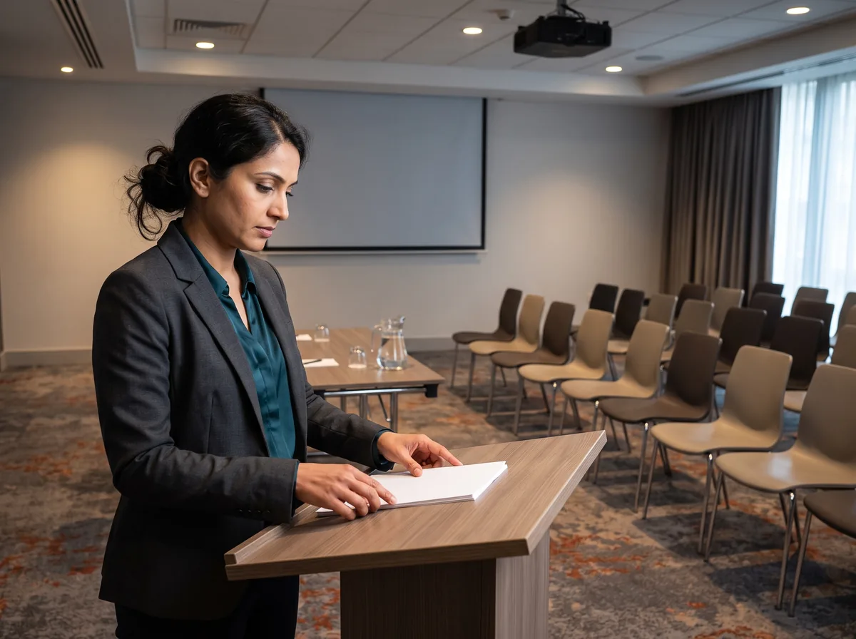 A woman in a charcoal blazer stands at a wooden lectern squaring up a stack of papers, with rows of empty conference chairs and a blank projection screen behind her