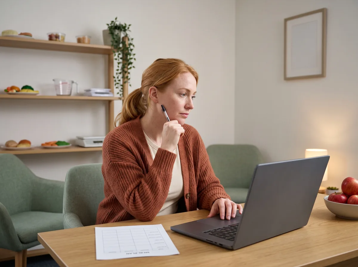 A dietitian in a rust-colored cardigan sits at a desk holding a pen to her cheek, one hand on a laptop trackpad, with a printed meal-plan sheet and shelves of portion models behind her