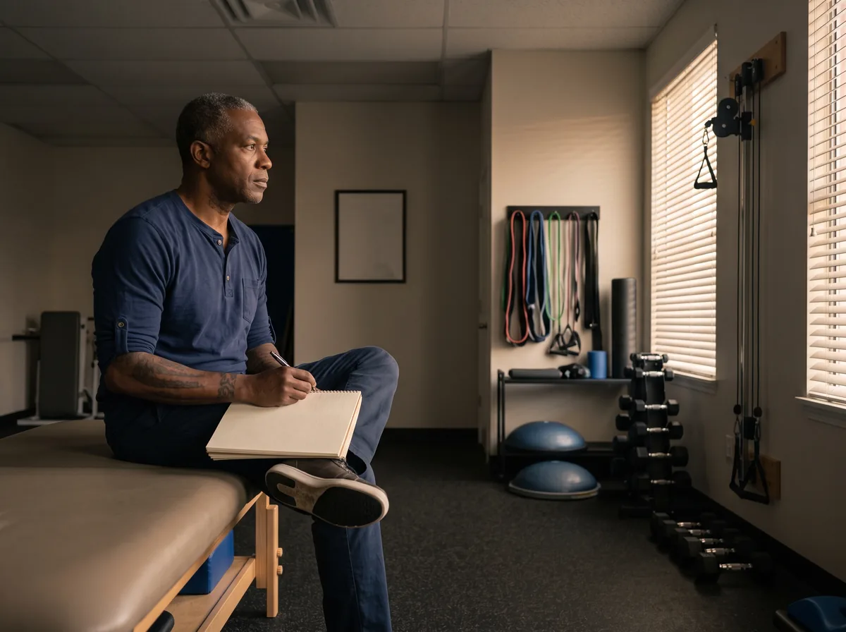 A physical therapist sits on the edge of a treatment table in a dim rehab clinic, an open blank notebook on his knee and a pen held still as he looks away in thought