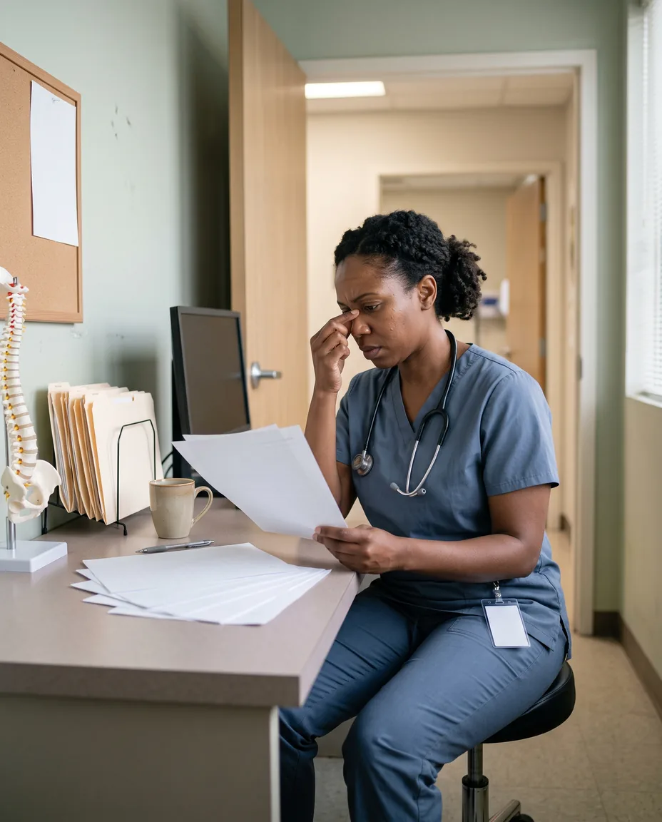 A nurse practitioner in blue scrubs sits at a small clinic desk pinching the bridge of her nose, holding up one of several printed handout sheets beside a mug of cold coffee