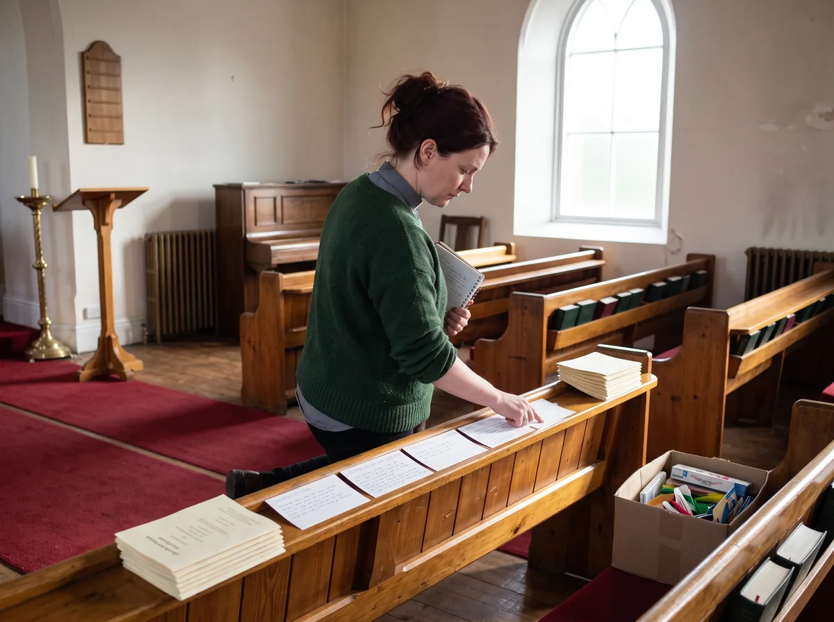 A woman in a green jumper and clerical collar leans over a wooden pew in an empty church, arranging a long row of handwritten cards along the pew back.