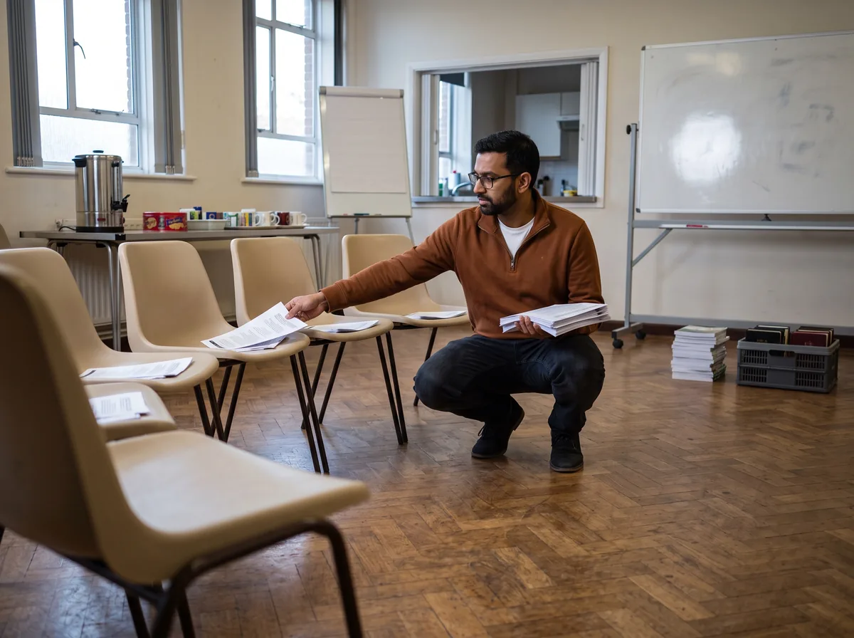 A man crouches beside a semicircle of empty stacking chairs in a church hall, placing a photocopied handout on each seat, a tea urn and whiteboard behind him.