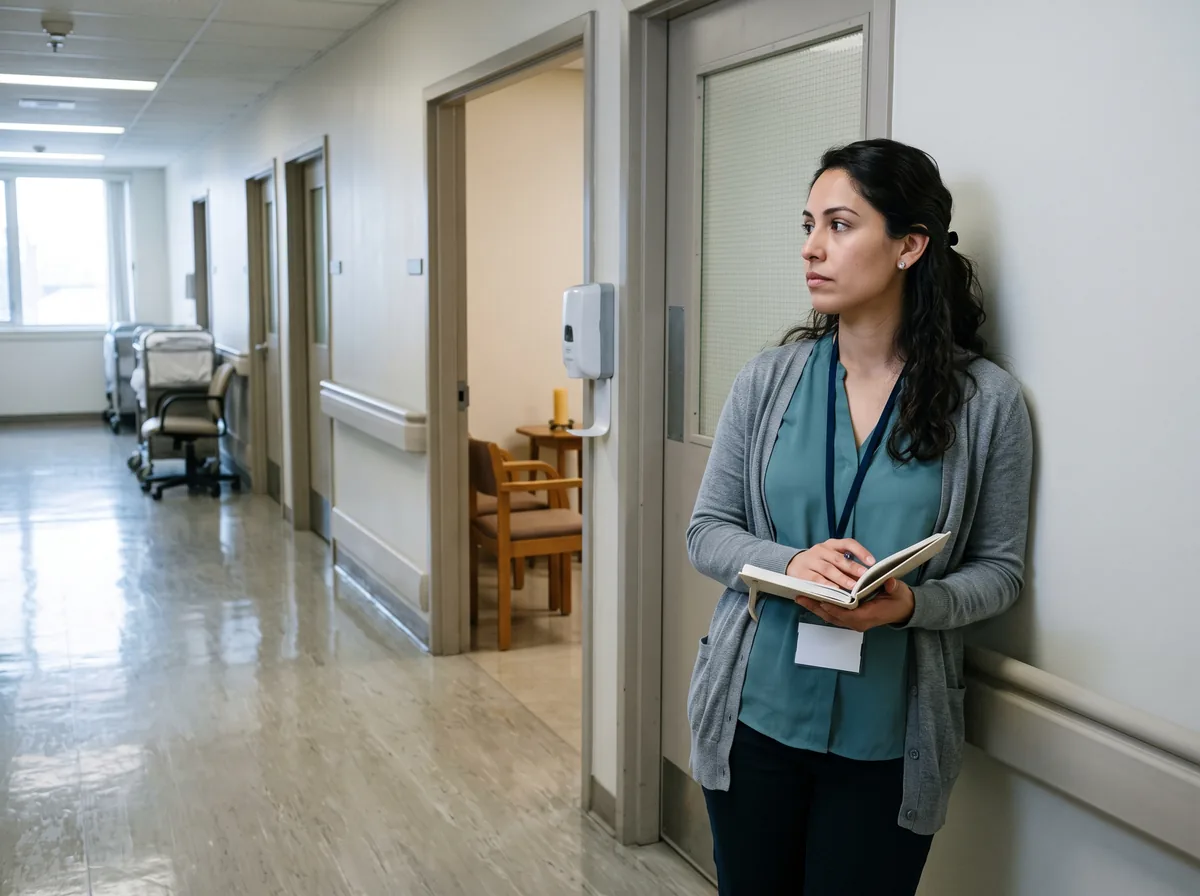 A young chaplain with a blank ID badge stands against a hospital corridor wall, head up and glancing down the corridor, an open notebook and pen in her hands, the chapel door open beside her.