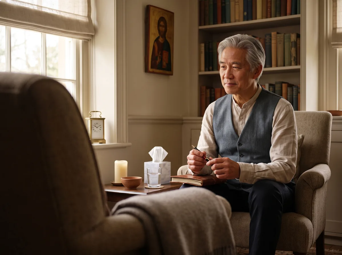 A silver-haired man in a waistcoat sits in an armchair uncapping a fountain pen over a closed leather journal, looking toward the empty chair facing him.
