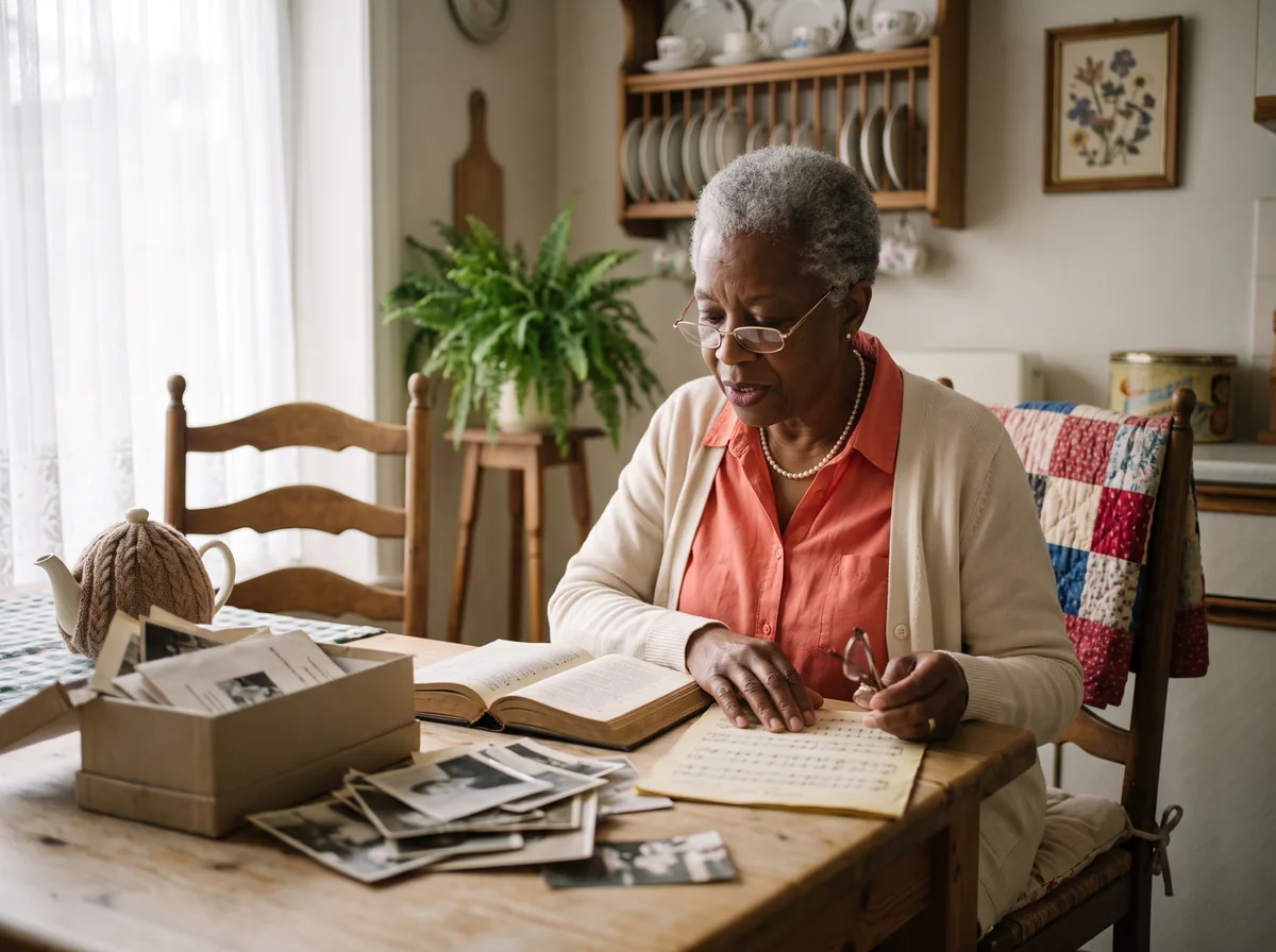 An older woman in a coral blouse and cream cardigan sits at a pine kitchen table, smoothing a yellowed page of sheet music beside an open hymnal and a shoebox of old papers.