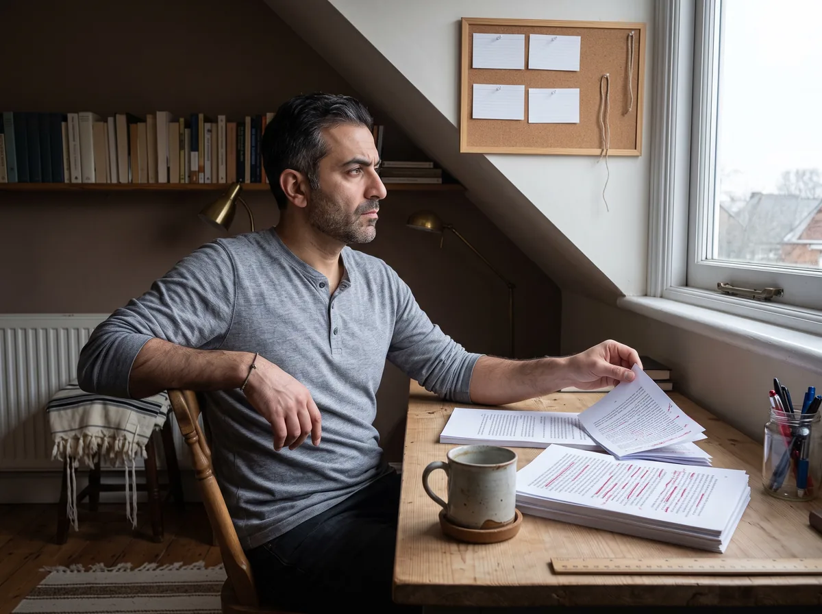 A man in a grey henley sits turned away from his attic desk, one hand on a heavily red-marked manuscript, looking out of the dormer window past the page.