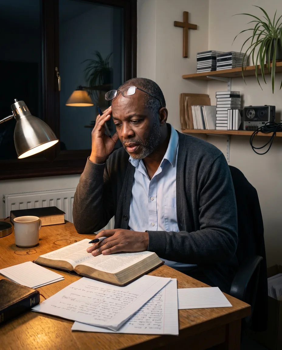 A pastor sits at a lamplit desk at night, one hand pressed to his temple, an open Bible and loose handwritten pages in front of him and a shelf of old tapes and discs behind his shoulder.