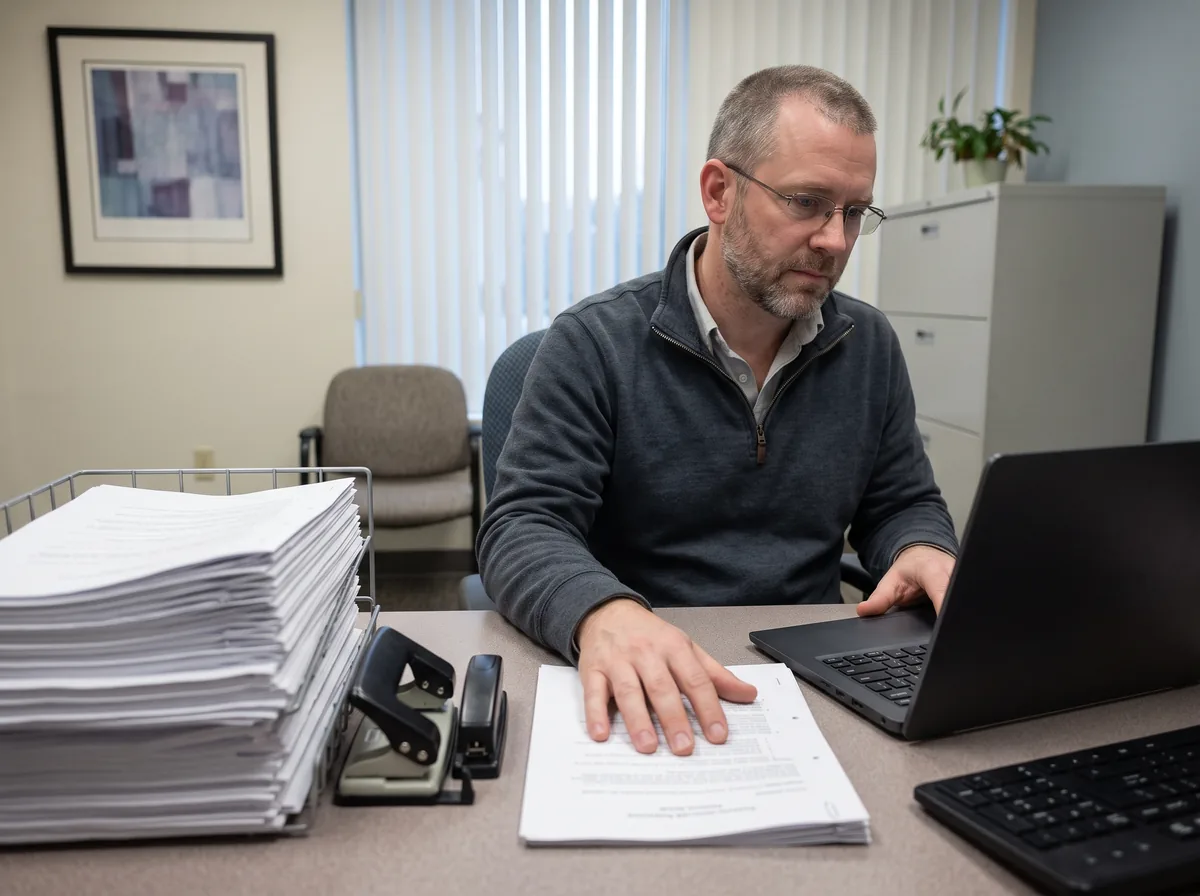 A man in glasses and a charcoal quarter-zip sits at a clinic desk with one hand on a laptop and the other flat on a stapled photocopied handout, beside a wire tray holding a tall stack of identical copies.