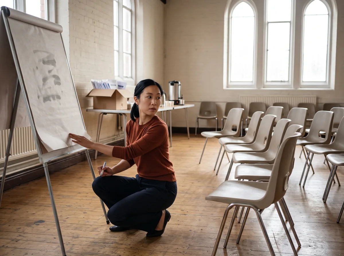 A woman in a rust-coloured top crouches at a flipchart easel at the front of a sunlit church hall, smoothing the paper and glancing back over rows of empty stacking chairs.