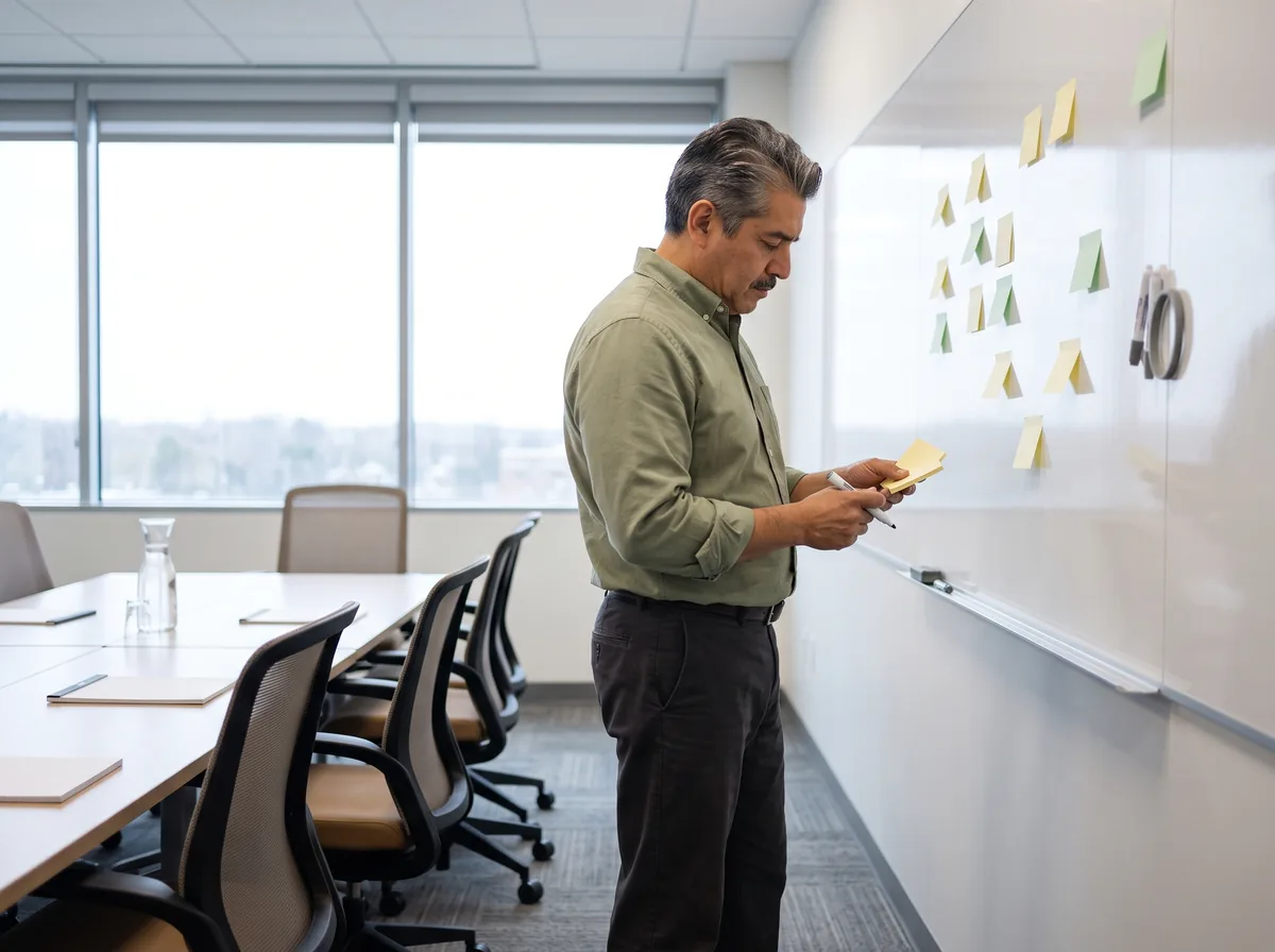 A man in a sage-green shirt stands in profile at a whiteboard in an empty corporate training room, looking down at a pad of blank sticky notes in his hand while holding an uncapped marker.