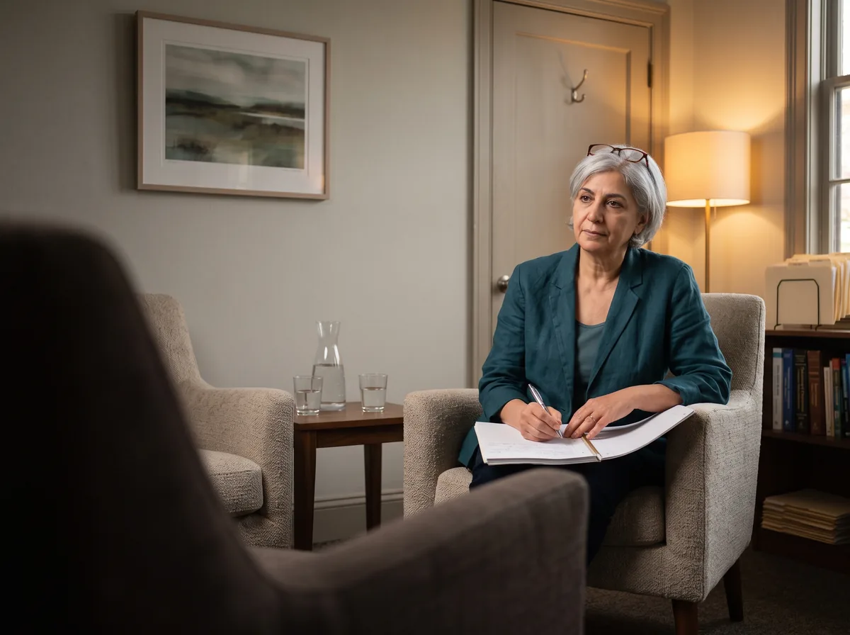 A silver-haired woman in a teal blazer sits in an armchair in a warmly lit supervision room, a spiral notebook open on her knee and pen paused, looking across at the empty chair facing her.