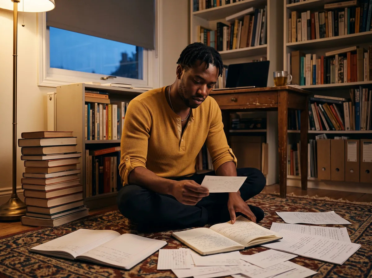 A man in a mustard henley sits cross-legged on a patterned rug in a warmly lamplit study, holding up a handwritten index card over a spread of open notebooks and loose pages, bookshelves behind him.