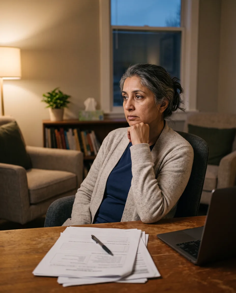 A woman in a cardigan sits sideways at a desk in a dimly lit counselling office, chin resting on her knuckles, staring into the middle distance past a stack of printed worksheets and an open laptop.