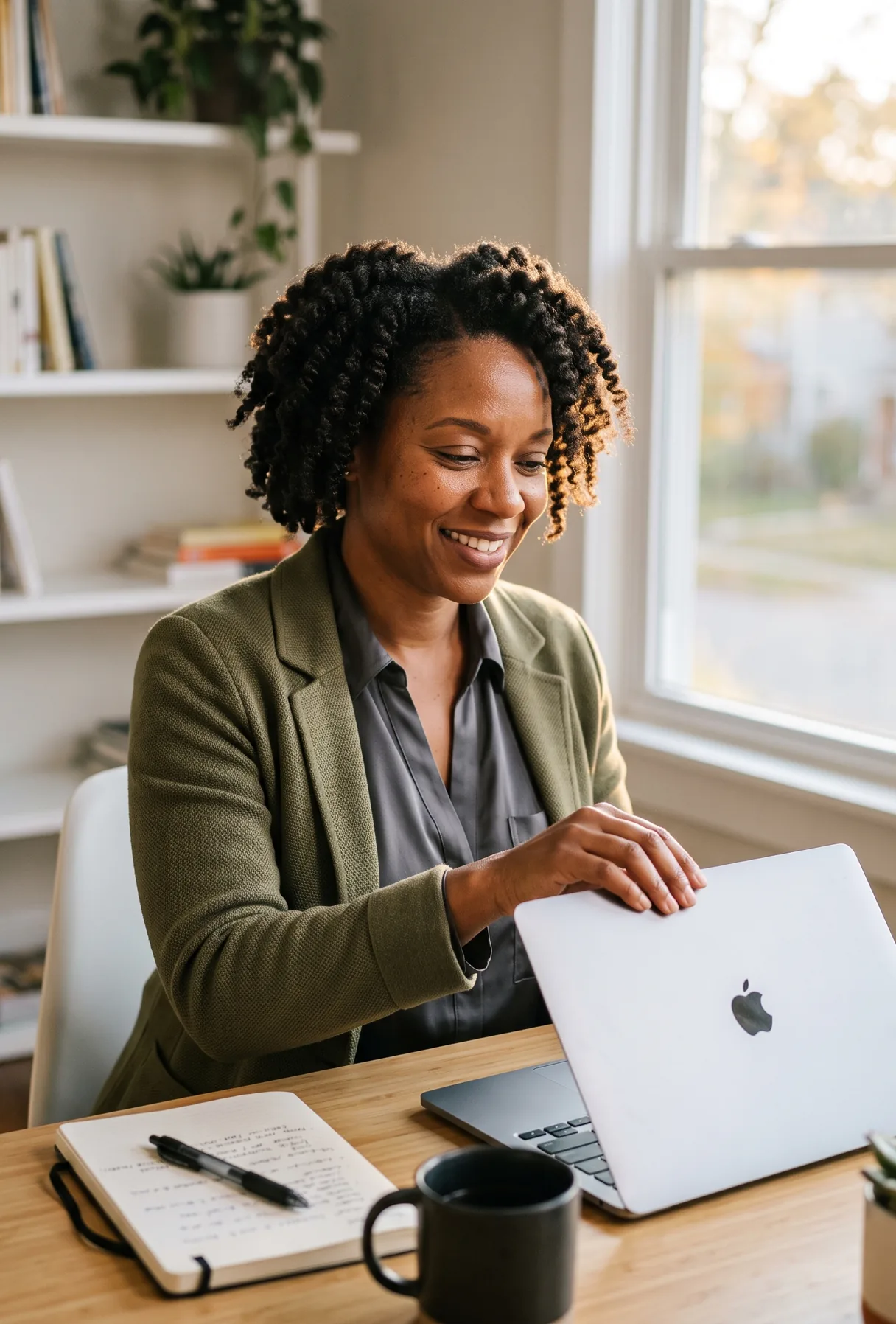 Coach in a green blazer closing her laptop at a home office desk, notebook and coffee beside her