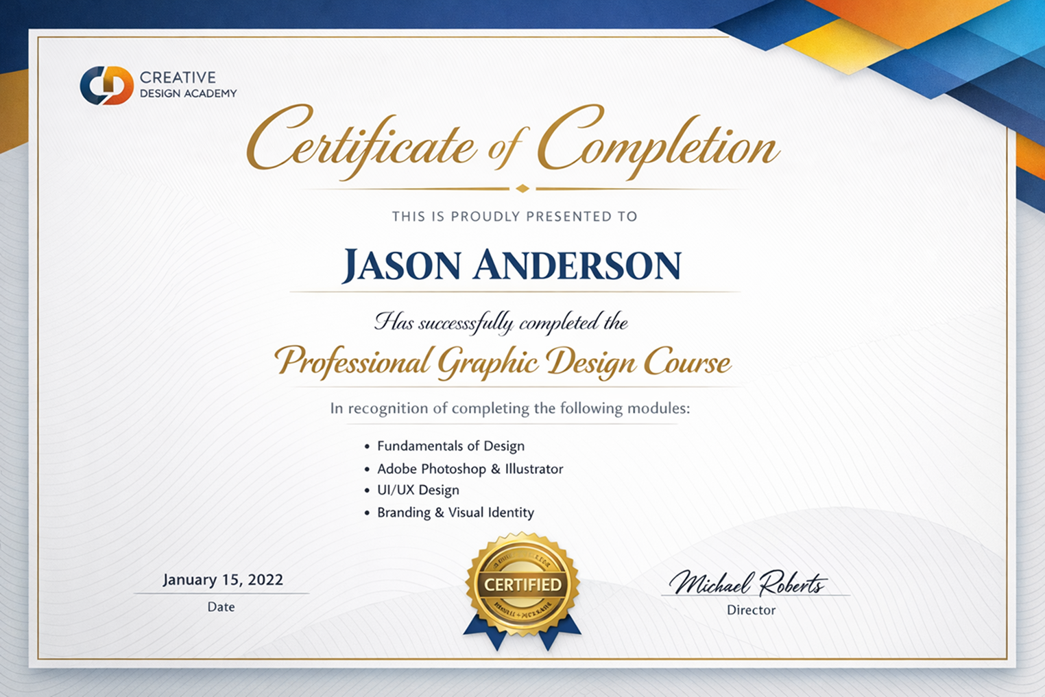 Course certificate example