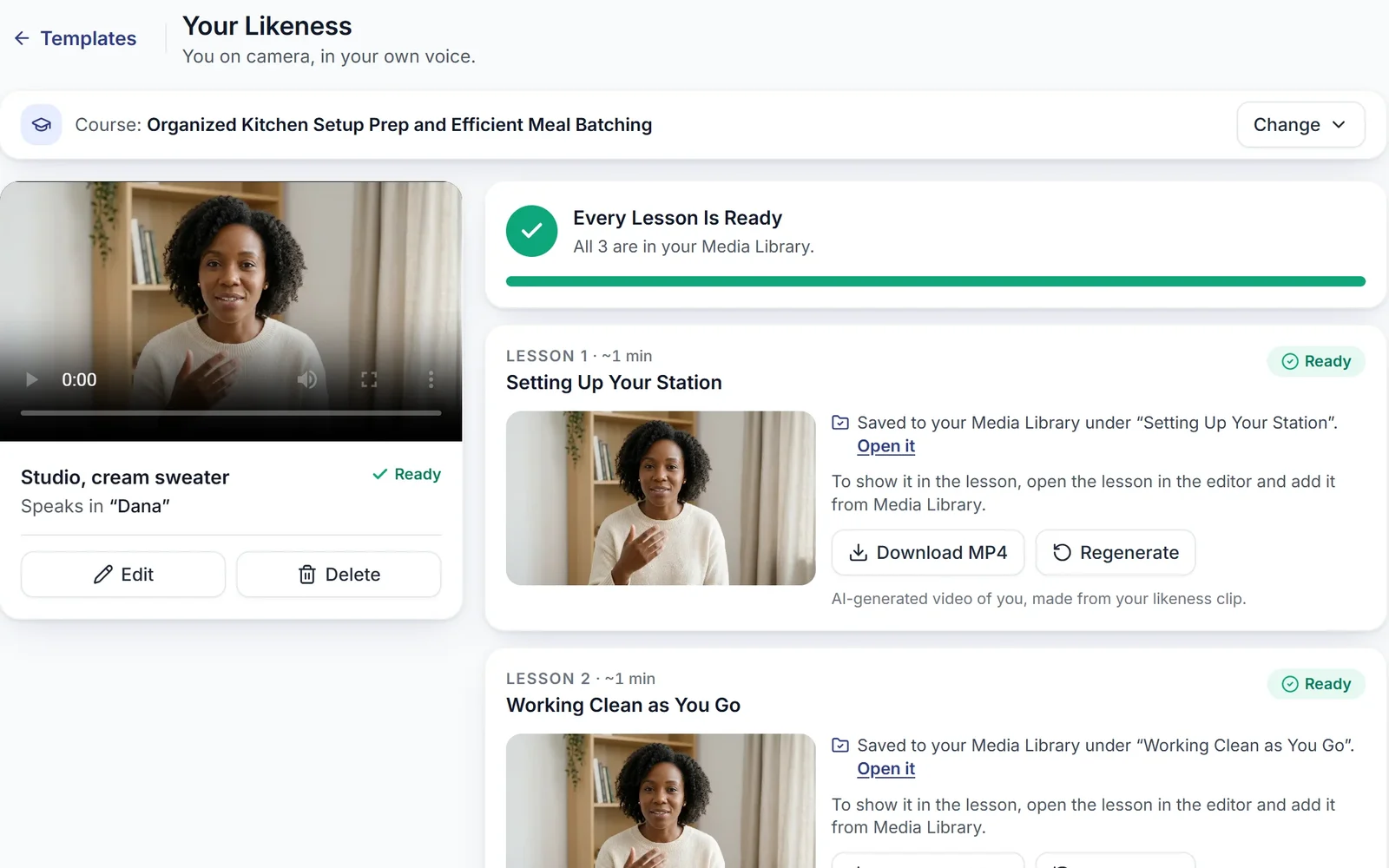Your Likeness in the app: a likeness clip that speaks in the creator's voice, and every lesson of the course ready as a video, saved to the Media Library