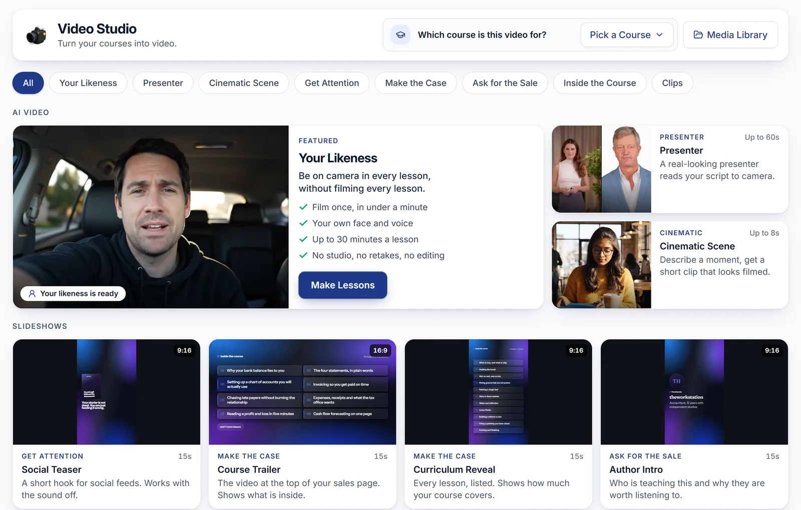Video Studio in the app: the featured Your Likeness card, Presenter, Cinematic Scene, and slideshow templates such as Social Teaser and Course Trailer