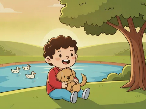 Bright cartoon: a child in a red sweater sits on the grass holding a puppy, with a pond and a tree behind them.