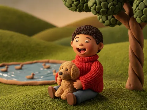 Soft 3D clay: a child in a red sweater sits on the grass holding a puppy, with a pond and a tree behind them.