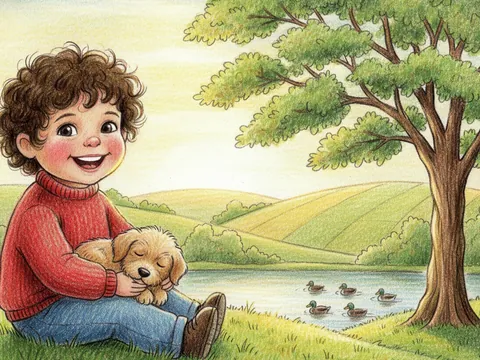 Cozy crayon: a child in a red sweater sits on the grass holding a puppy, with a pond and a tree behind them.