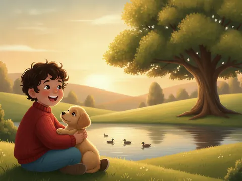 Soft modern digital: a child in a red sweater sits on the grass holding a puppy, with a pond and a tree behind them.