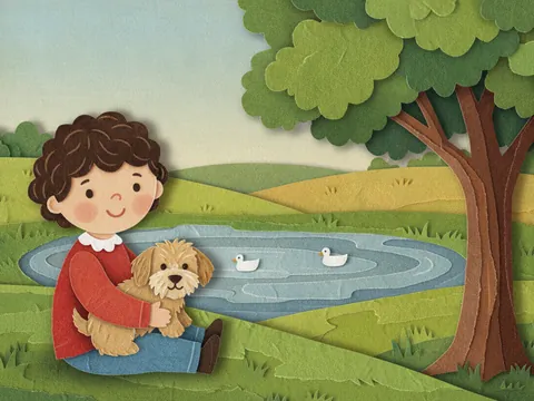 Cut-paper collage: a child in a red sweater sits on the grass holding a puppy, with a pond and a tree behind them.