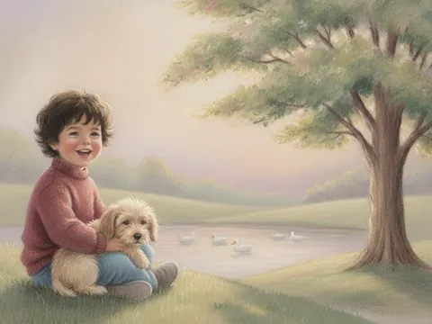 Dreamy pastel: a child in a red sweater sits on the grass holding a puppy, with a pond and a tree behind them.