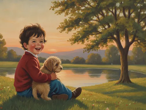 Classic storybook: a child in a red sweater sits on the grass holding a puppy, with a pond and a tree behind them.