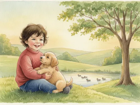 Soft watercolor: a child in a red sweater sits on the grass holding a puppy, with a pond and a tree behind them.
